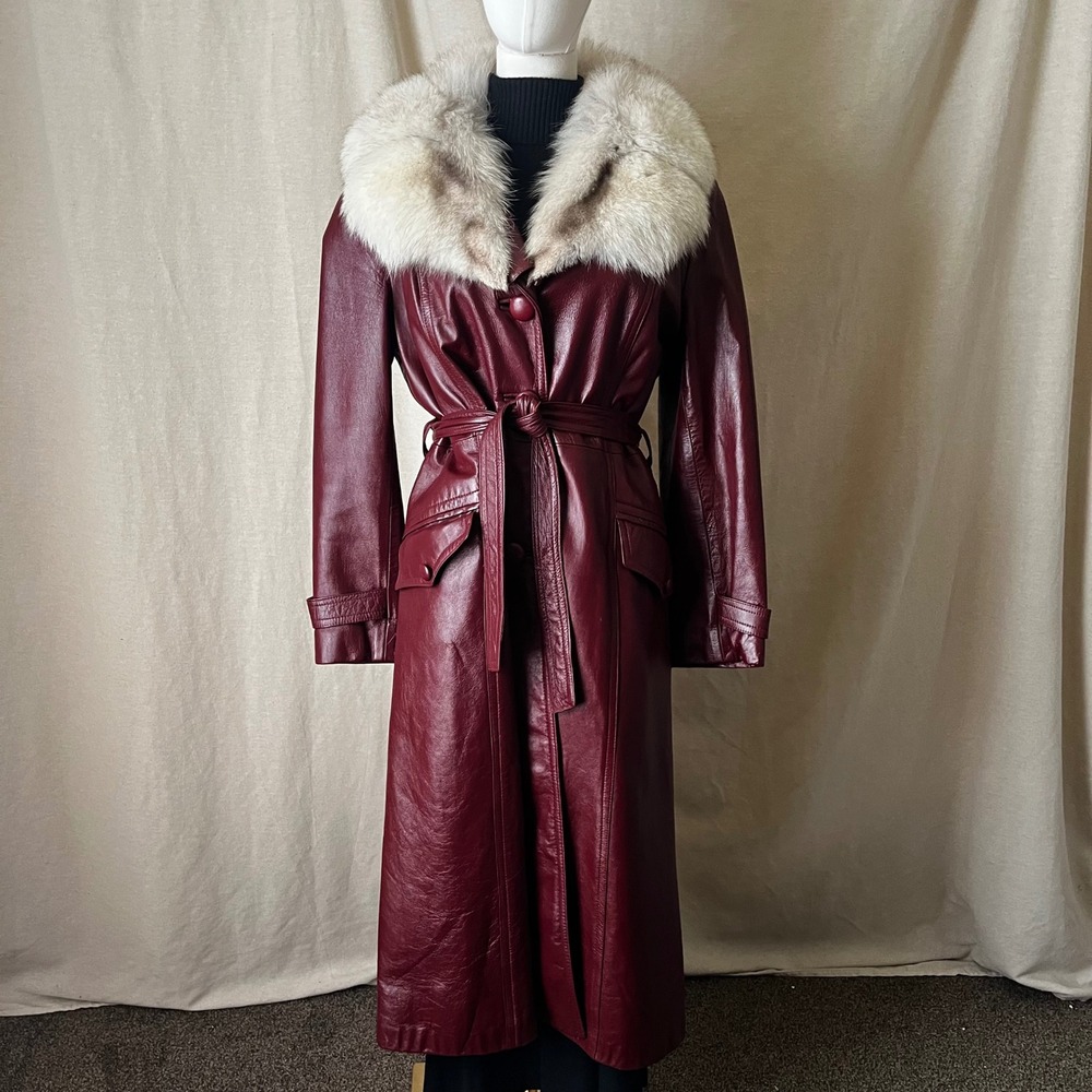 Vintage Burgundy Leather Maxi Coat Real Fur Collar Belted Long Trench Small